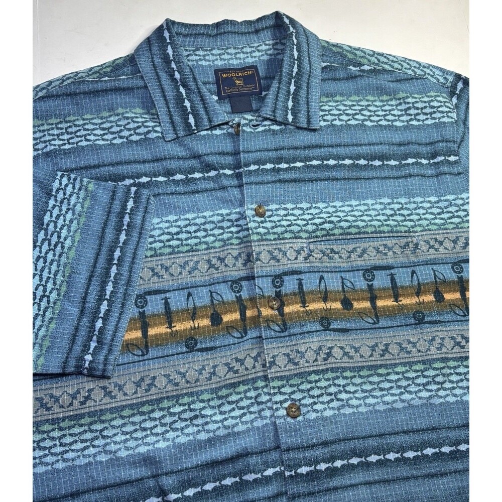 Woolrich Fishing Shirt Outdoor Angler Men's Large‎ Blue Short Sleeve Vintage